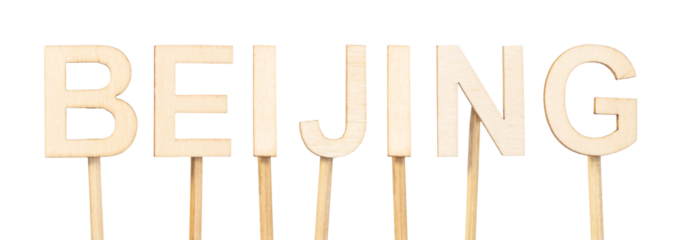 Beijing, capital of China, written in wooden letters on white background, clear and direct image for geographic subject matter