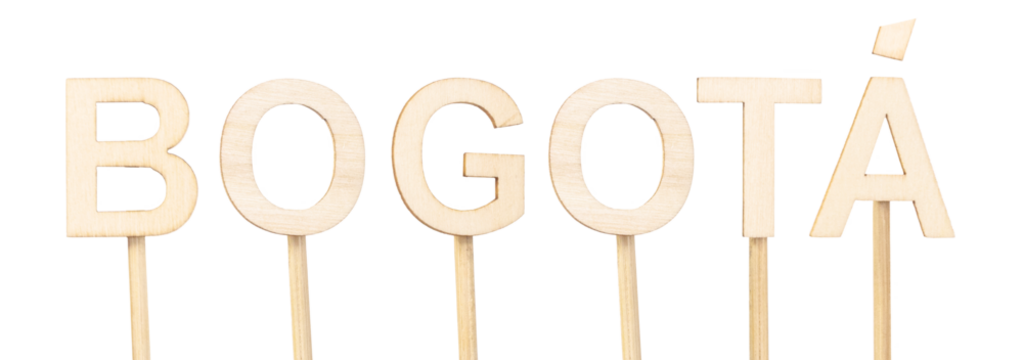 Wooden name of Bogota, capital of Colombia, isolated on minimalist white background. Tourism concept