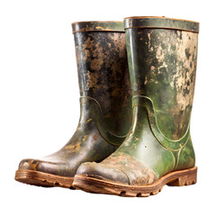 Muddy Green Rubber Boots Worn Dirty Wellington Boots isolated on transparent background