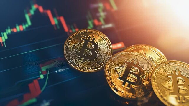 Close-up of digital Bitcoins on a stock market trading interface. Concept of cryptocurrency trading and investment. - Powered by Adobe