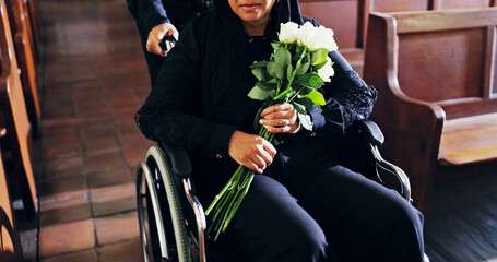 Church, sad and senior person with wheelchair, mourning and flowers for memorial service and death....