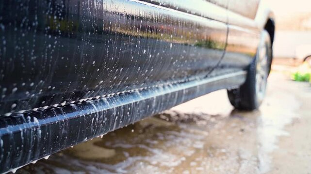 Active foam flows down the body of a black car at a car wash, close-up in slow motion