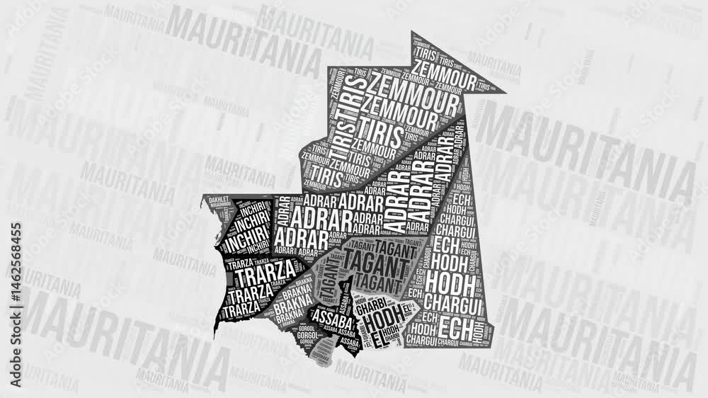 Poster mauritania animation. visual effect of mauritania regions appearing in black and white word clouds s
