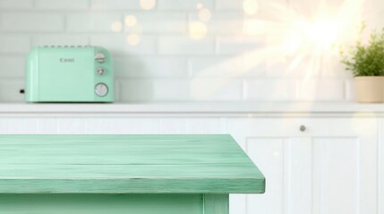 Mint green kitchen table. Sunlight streams in