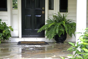 Rain-soaked entrance with a fern and green door.
