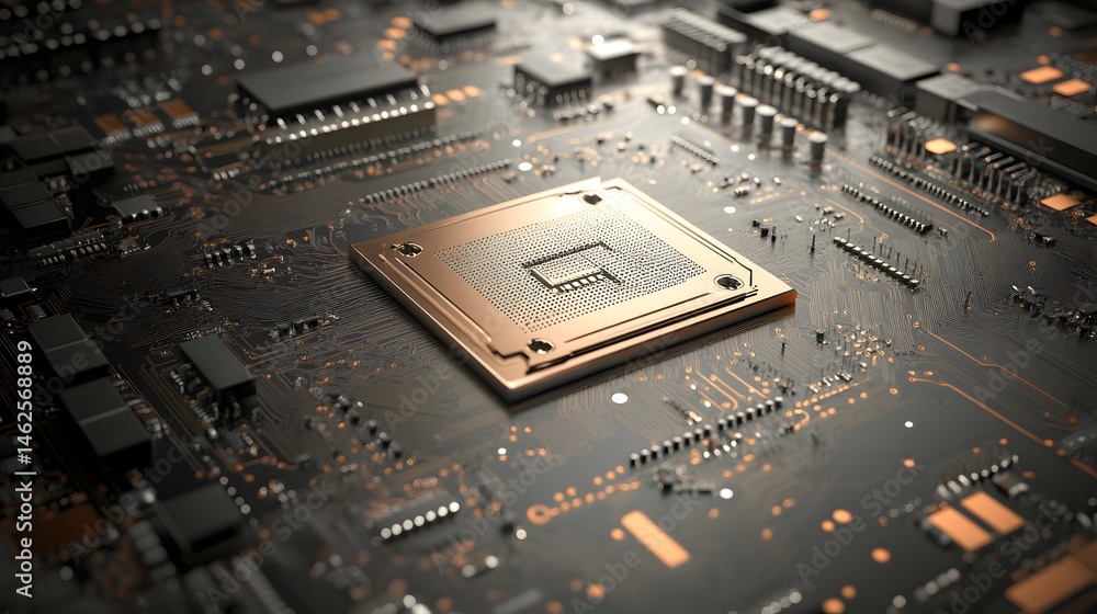 Poster close-up view of a copper processor chip on a circuit board.