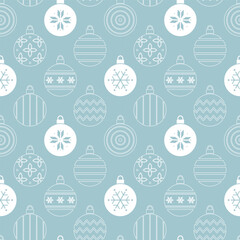 Christmas Balls Ornaments Silhouettes Pattern. Seamless Geometric Print with Christmas Ornament. Trendy Flat Style Background. Vector in White on Light Blue