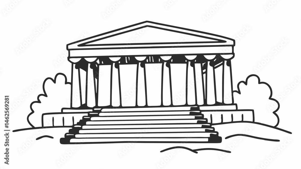 Poster illustration of a classical building with columns and steps in black and white line art style design