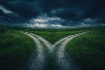 Two paths diverge under a stormy sky, leading to uncertain destinations.  Green grass surrounds a gravel road that splits into two,  underscored by ominous clouds