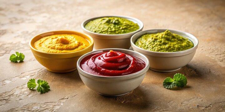Panoramic Colorful Condiments: Mustard, Ketchup, Pesto - Food Photography Background