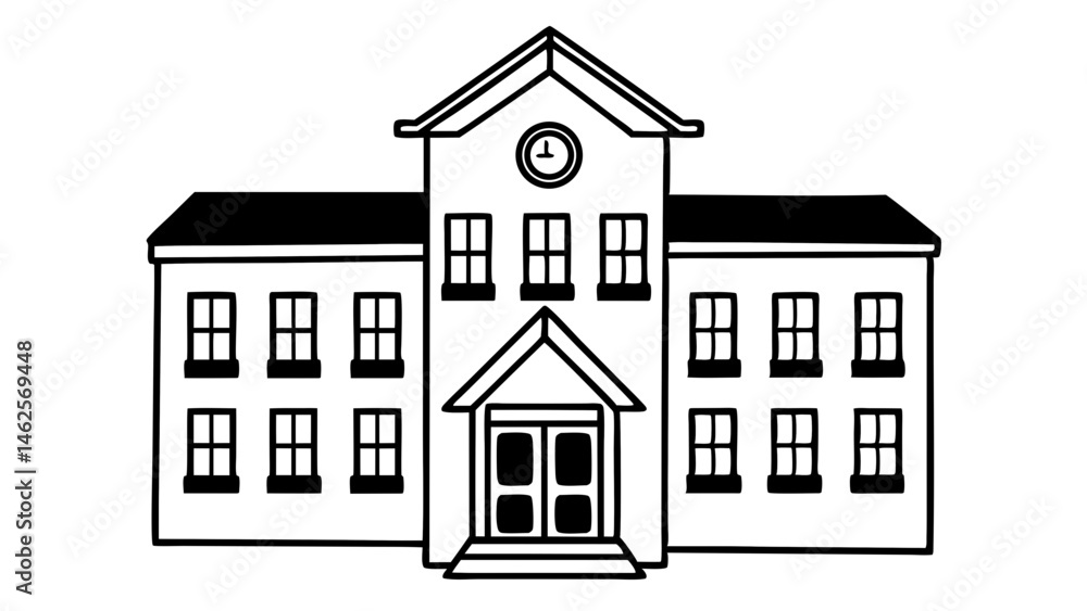 Poster illustration of a two story building with a clock tower and many windows in black and white style cr