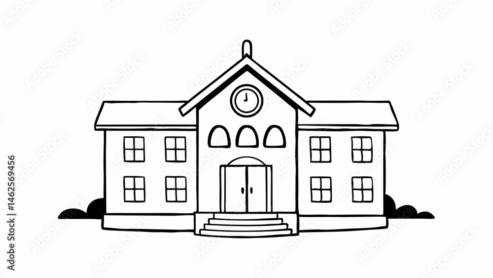 Poster illustration of a two story school building with clock and steps in black and white outline style cr