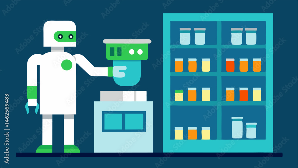 Poster lab robot sorting samples a laboratory robot organizing medical samples in a storage unit with clear