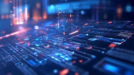 Futuristic digital interface with glowing circuitry.