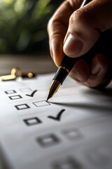 checklist boxes A hand checking off items on a checklist with a pen in a well-lit environment.
