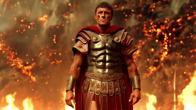 Powerful roman general stands defiantly amidst a fiery battlefield, embers and debris falling around him, showcasing strength and resilience in the face of war