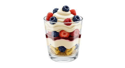 Isolated Layered Dessert Parfait with Fresh Berries and Cream in Glass