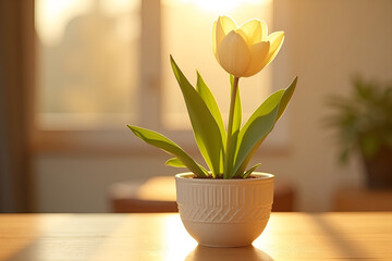 ‎Elegant Light Beige Tulip in Ceramic Pot on Wooden Table with Warm Sunlight and Soft Blurred Interior Background