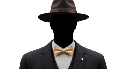 Isolated Anonymous Figure in Suit with Bowtie and Hat