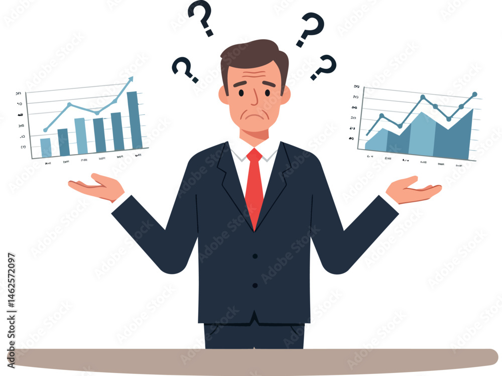 Poster businessman comparing financial charts with confused expression and question marks vector illustrati