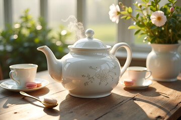 ‎White Ceramic Teapot on Rustic Wooden Table with Floral Embossing and Vintage Tea Setting