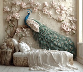 3d peacock and magnolia flower mural, modern style, home decor wallpaper for living room wall art