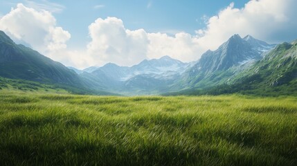 a grassy field with mountains in the background
