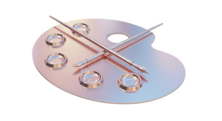 Isolated Iridescent Artist Palette with Crossed Paintbrushes