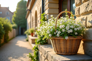 ‎Wicker Basket with White Flowers on Stone Ledge in Warm Sunlight with Rustic European Village Background