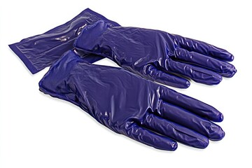Pair of dark-blue, waterproof, disposable protective gloves, packaged, ready for use