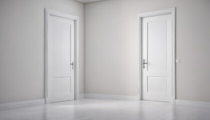 Open & closed white doors, crisp white backdrop, interior setting,  hallway,  bright