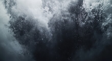 Underwater view of a powerful waterfall, showcasing churning water and spray against a dark background