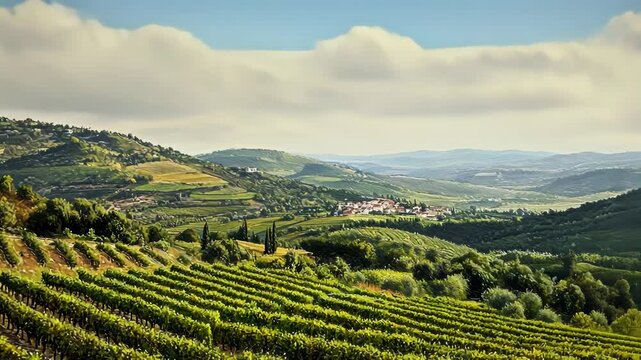Cultivated landscape of rolling hills under cloudy sky
