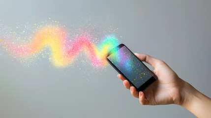 Smartphone & Colorful Light Trail: A person's hand delicately holds a sleek smartphone as a vibrant trail of colorful light streams forth, creating a captivating display of technology and art.