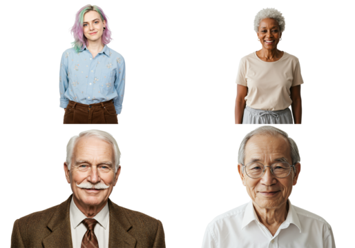 A Diverse Group of Four Individuals Featuring Two Young Adults and Two Senior Citizens: A Female with Colored Hair, a Smiling Black Woman, a Distinguished Older White Man, and an Asian Elderly Male