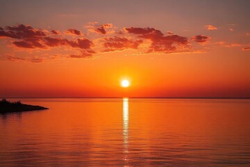 Fototapeta premium Dramatic Red Orange Sky With Sun at Sunset Reflecting Over the Calm Sea and Clouds