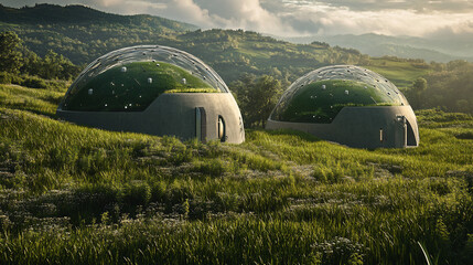Two futuristic domes nestled in a grassy landscape.  Glass-walled structures sit atop a grassy hill, surrounded by nature.  Natural light streams through the transparent walls, © W saputro