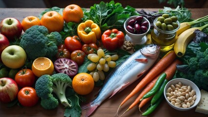 Colorful still life of a varied Mediterranean diet of vegetables, fruits, fish, olives, nuts on a wooden table. Mediterranean cuisine is a variety of healthy food background. AI generative image