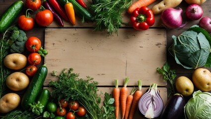 Wooden empty boards layout around a variety of vegetables and herbs top view rustic style. AI generative image