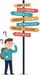 Confused man standing next to colorful directional signpost with question marks vector illustration 