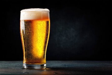 Cold fresh beer in a tall glass with foamy head on dark background, ideal for bar menus, beverage ads, Oktoberfest promotions and pub decor