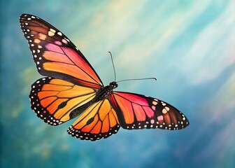 Obraz premium A colorful monarch butterfly with open wings against a soft dreamy blue and white background art