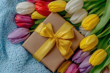 Gift-wrapped box nestled amidst a vibrant bouquet of tulips on a light blue fabric