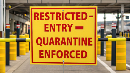 A yellow sign with red text states "Restricted Entry - Quarantine Enforced" at a controlled access area.