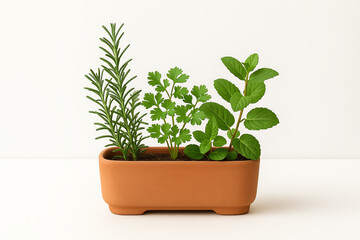 Obraz premium A charming arrangement of fresh herbs in a terracotta pot, featuring rosemary, cilantro, and mint. Perfect for culinary applications and home gardening inspiration.