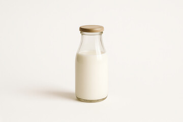 A clear glass bottle filled with fresh, creamy milk stands elegantly against a soft, neutral background, showcasing simplicity and the essence of natural dairy products.