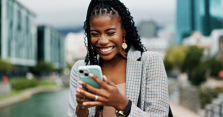 Black woman, city and excited with phone for online giveaway, winning or social media promotion. Bonus, reward or good news in email, female person and happiness outdoor for feedback on mobile app