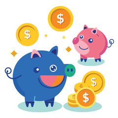 Three depictions of a piggy bank receiving a dollar coin white background.