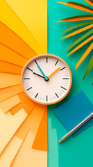 Vibrant Orange and Teal Flatlay with Clock and Palm Leaf
