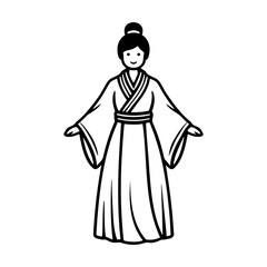 Traditional woman in kimono smiling with open arms  